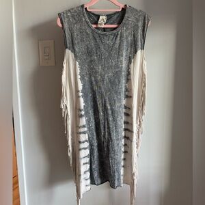 American Age 100% Cotton Acid Wash Distressed Style Fringe Tank Boho Mini Dress